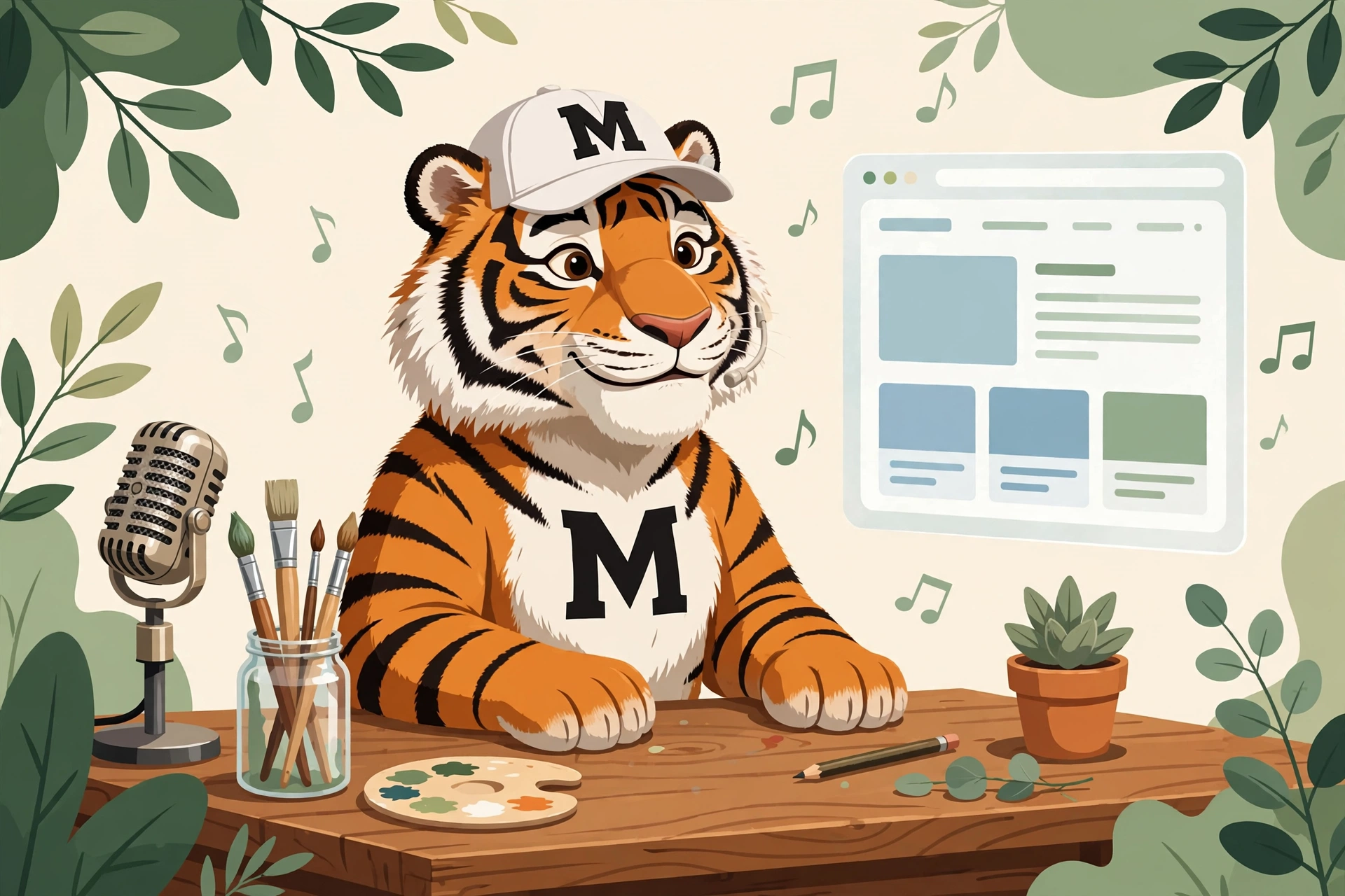 Malvyn the tiger at his creative studio desk