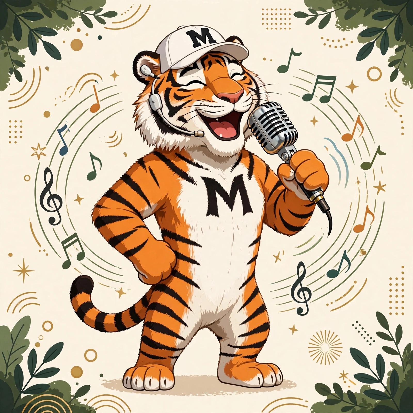 Malvyn the tiger singing into a vintage microphone